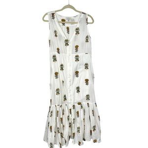 Lucky Brand Women White Cotton Pineapple Print Midi Dress Ruffle Sleeveless Maxi